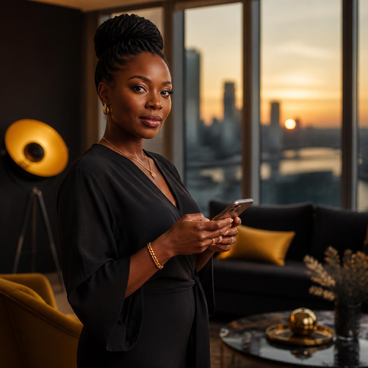 A Ghanaian professional abroad managing her UMB Akwaaba account on her phone